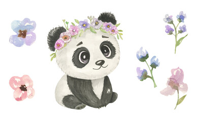 Cute watercolor panda - cute little baby panda with floral crown, pink purple flowers, green leaves. Illustration for nursery, baby shower, children card. © NATALIA