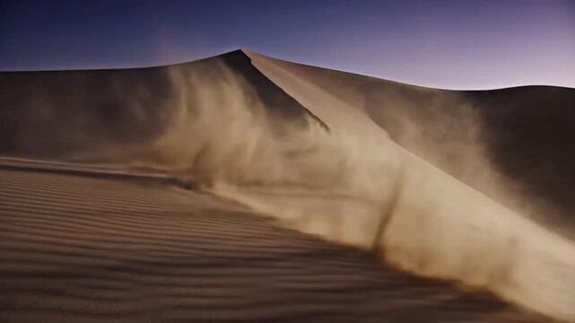 Sand Dune at Sunset: A vast sand dune is sculpted by the wind, with fine sand particles swirling and dancing in the soft light of the setting sun. A breathtaking desert landscape.