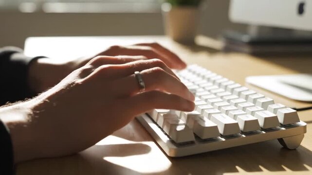 Hands Typing on Keyboard: Close-up of a person's hands with a ring on one finger typing on a white mechanical keyboard, with natural light casting shadows and a computer monitor in the background.