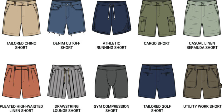 Men shorts vector set with tailored chino denim cutoff athletic running cargo casual linen bermuda pleated lounge compression golf and utility work shorts