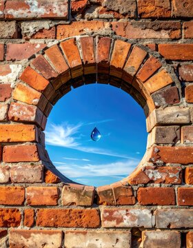 A single water droplet hangs suspended in the air against a vibrant blue sky framed by a weathered brick archway.