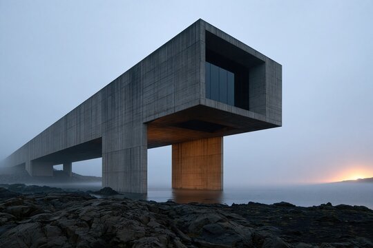 Massive concrete cantilever structure supported by columns beside a rocky sea coast with soft fog and distant warm light Theme of architectural monumentality