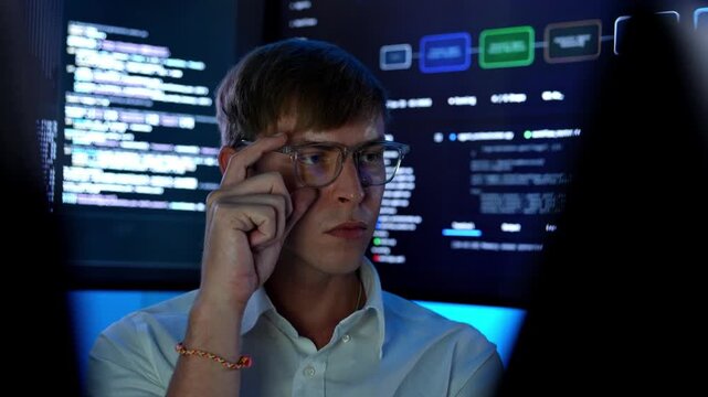 Young coder deep in code on glowing screens