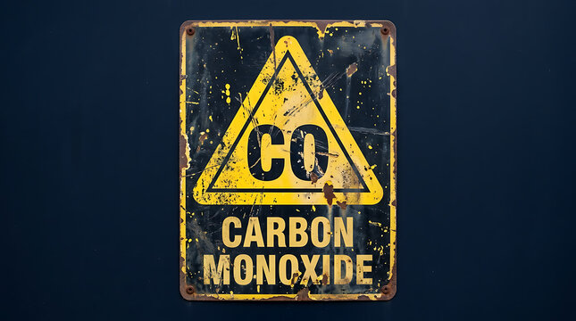 Weathered carbon monoxide warning sign design with hazard symbol and text, indicating invisible danger