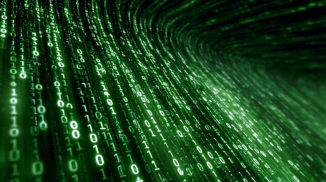 Abstract green digital code stream flowing through cyberspace creates futuristic background for big data and computing.