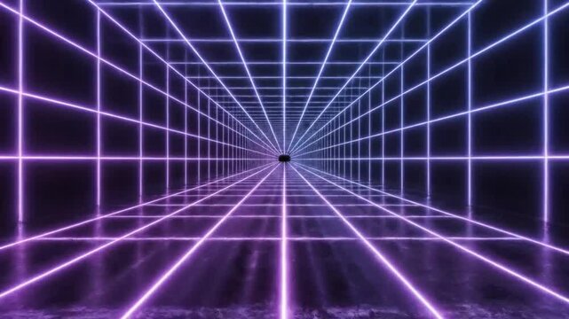 Neon Grid Tunnel: A retro-futuristic journey through a glowing neon grid tunnel, its infinite perspective stretching into a digital abyss, evoking a sense of mystery and technological advancement.