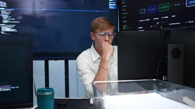 Coder writes code on dual screens in sleek office