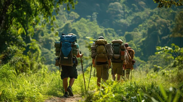 Hikers with heavy backpacks walk along a lush green trail through a dense tropical rainforest.