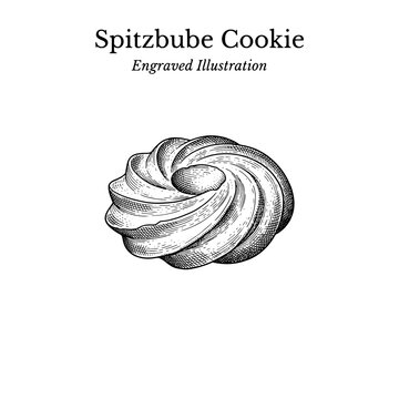 Spitzbube cookie engraved illustration showing detailed design and classic shape