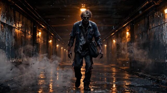 Scary zombie walking through a dark wet industrial tunnel for Halloween horror concept