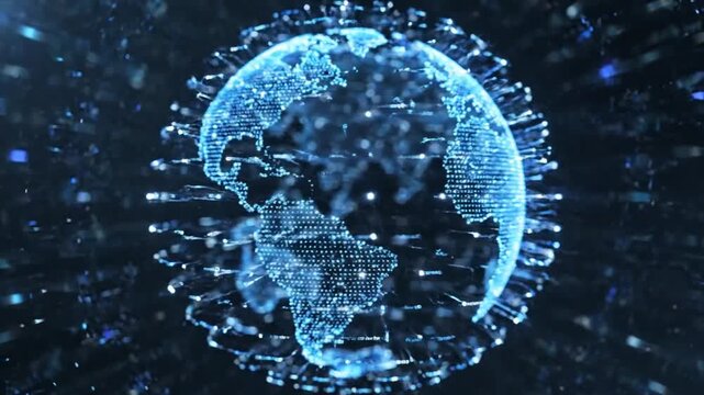 Digital Earth Network: An intricate network of glowing digital connections forms a sphere resembling planet Earth, symbolizing global connectivity and the vastness of data transmission.
