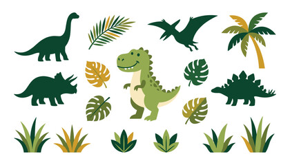 Cute Cartoon Dinosaur Vector Character Set with Triceratops Stegosaurus Brachiosaurus Silhouettes and Tropical Jungle Palm Leaves for Kids Pattern Design © rufshi