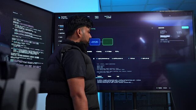 Young engineer points to AI code on screen in dark office