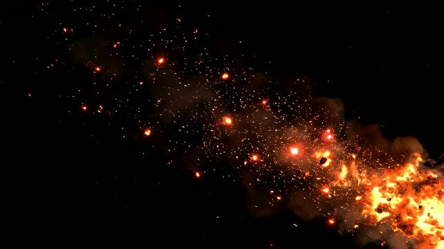 Flaming meteor falling through dark space exploding into fiery debris