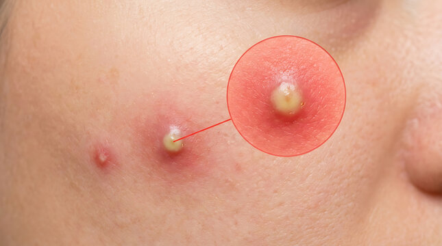Close-up view of a severe acne breakout on facial skin with inflamed pimple and pus