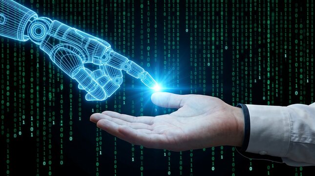 Human hand reaching towards a glowing robotic hand with digital binary code background
