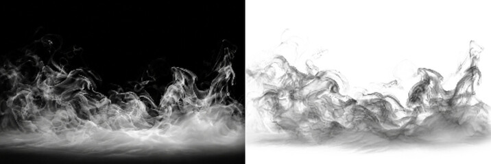 Obraz premium Realistic gray smoke or fog on a black background for various visual effects and atmospheric designs.