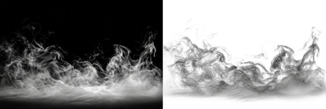 Realistic gray smoke or fog on a black background for various visual effects and atmospheric designs.