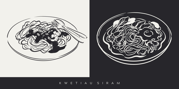 Kwetiau Siram Indonesian Flat Rice Noodle Dish with Seafood and Vegetables Hand Drawn Illustration