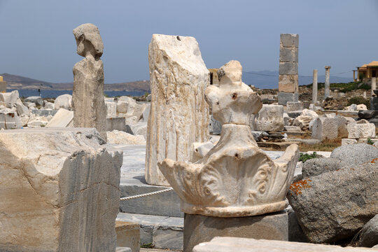 Ancient artifacts from the archaeological site of Delos, Cyclades Island, Greece