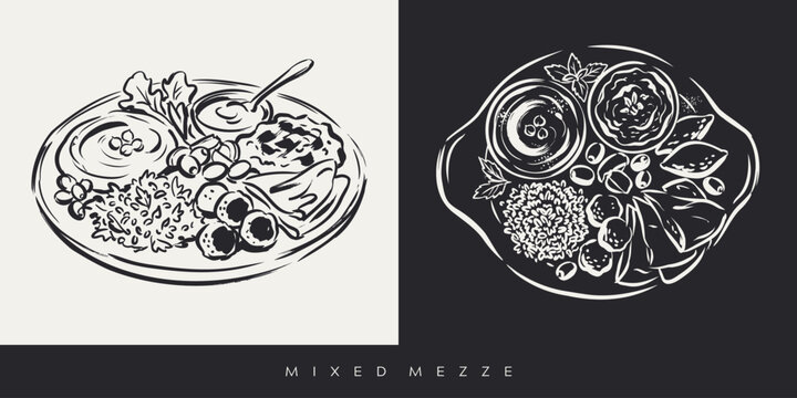 Hand Drawn Mediterranean Mixed Mezze Platter Illustration with Hummus Falafel and Pita Bread