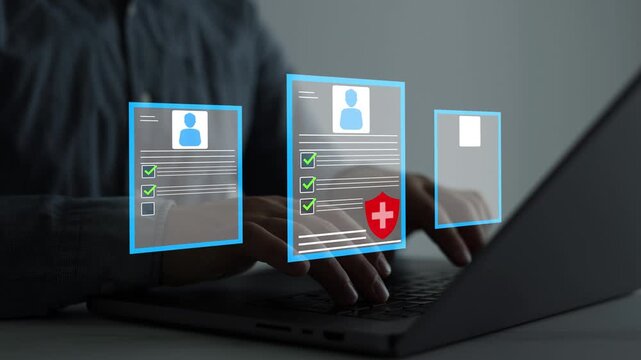 Medical history check database with patient records and digital healthcare documents, secure medical data management system for hospital information, clinical archive and electronic patient history.