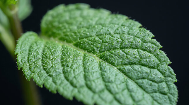 Close-up macro shot of a fresh green mint leaf with intricate texture