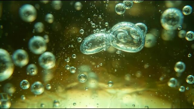 Green hydrogen technology emerges through a softly focused field of translucent aquamarine bubbles