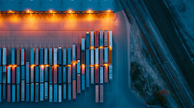 Aerial view of shipping containers at a cargo terminal or intermodal facility, next to train tracks at dusk.