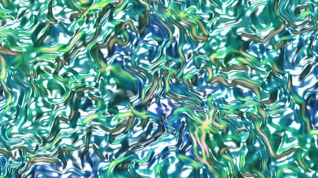 Abstract liquid metallic ripple background, shiny teal and green distorted glossy texture loop, digital visual motion effect for modern media production