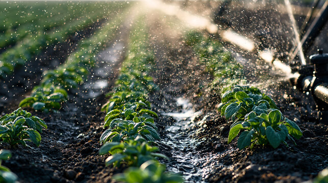 Agricultural field with young green plants being watered by irrigation system during a sunny early morning light.