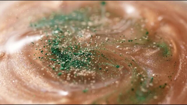 High-end cosmetics pigment technology emerges through a translucent pale-copper cream containing abstract material background