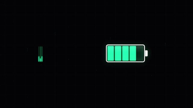 A glowing green battery indicator icon displays a nearly full charge status on a dark display, representing mobile phone energy levels and power management technology for various electronic