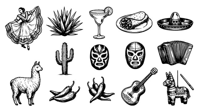 Detailed mexican cultural elements vector collection featuring traditional festive graphic icons