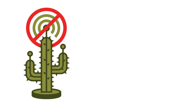 Minimalist illustration of cactus antenna with forbidden signal sign representing digital detox and dead zone