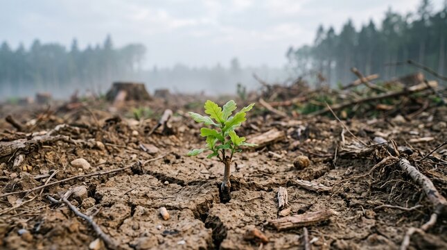 Small green sapling growing from cracked earth in deforested clearing with misty trees, reforestation environment concept