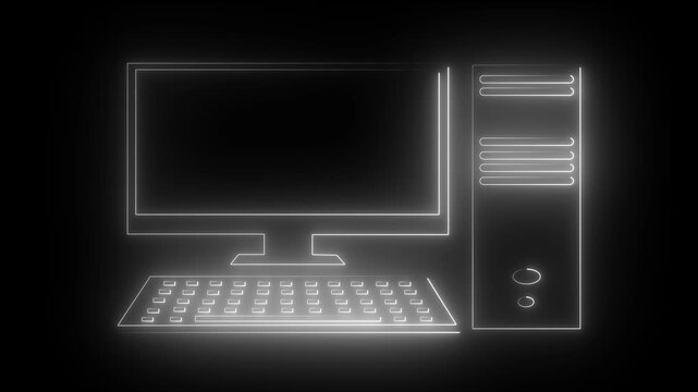 Glowing neon white color computer icon isolated on black background. Technology Concept Illustration. Technology, digital marketing and pc screen for software.