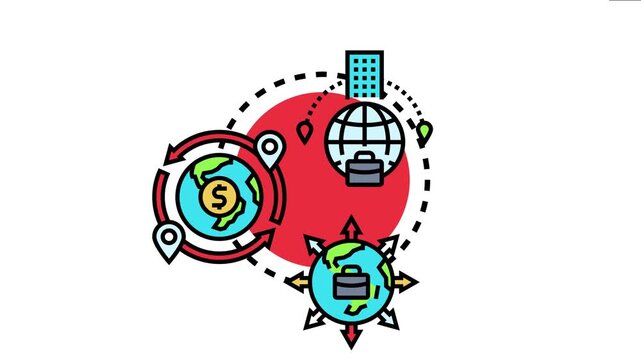 Multinational enterprise concept worldwide business operations, financial transactions, and global expansion with interconnected company headquarters and international markets