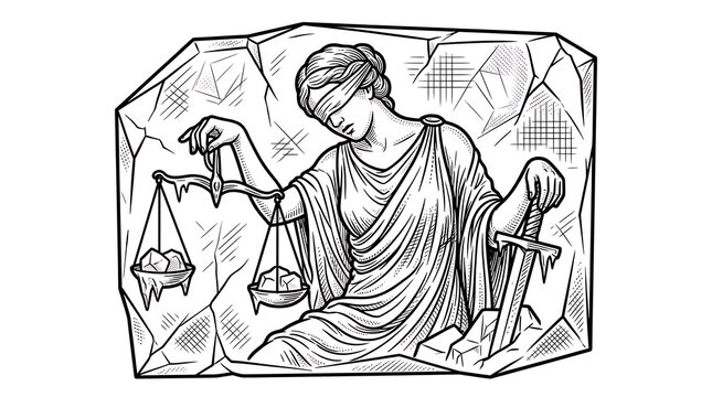Blindfolded Lady Justice Holding Scales and Sword Frozen in Ice Block or Rock Cave Line Art Engraving