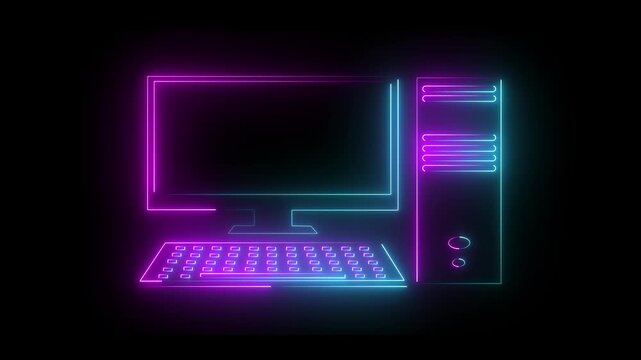 Glowing neon pink  and blue color computer icon isolated on black background. Technology Concept Illustration. Technology, digital marketing and pc screen for software.
