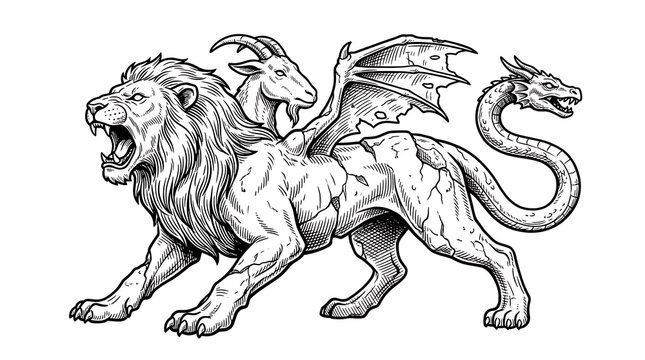 Mythological Chimera Illustration Featuring a Roaring Lion Goat Head Dragon Tail and Bat Wings