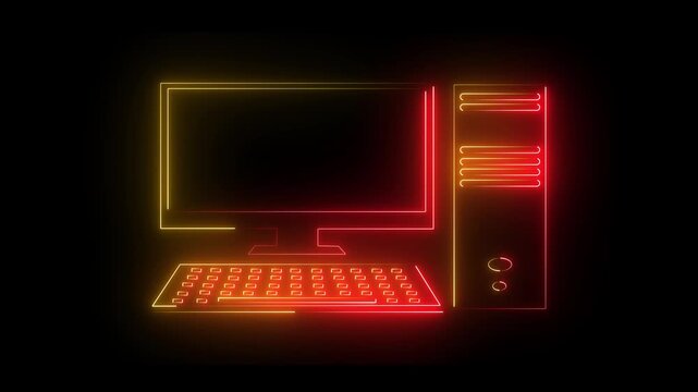 Glowing neon yellow and red color computer icon isolated on black background. Technology Concept Illustration. Technology, digital marketing and pc screen for software.