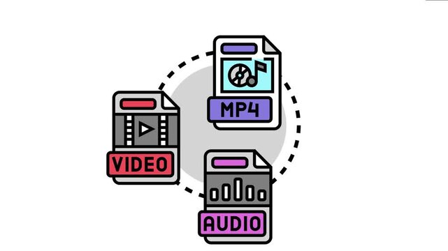 Multimedia export file types icon creating an illustrative representation of different digital format options, including video, audio, and container formats for content sharing and storage