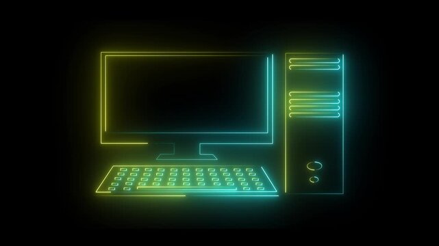 Glowing neon yellow and blue color computer icon isolated on black background. Technology Concept Illustration. Technology, digital marketing and pc screen for software.