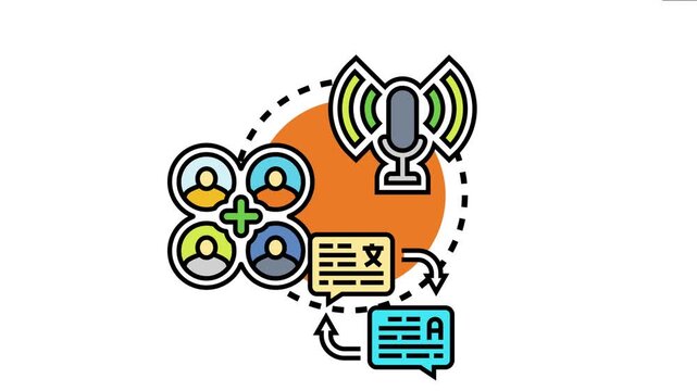 Vector depicting a microphone broadcasting sound waves to a diverse user community, highlighting language translation and localization services for global communication