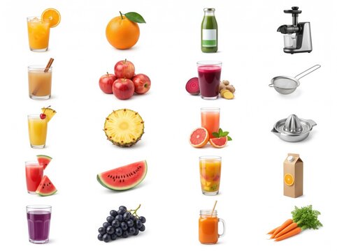 Collage of fresh fruits vegetables juices and kitchen equipment for healthy lifestyle and detox diet preparation