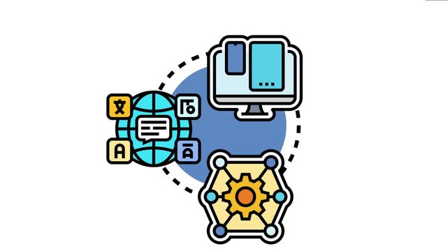 Multilingual platform support concept displaying translation and localization services for global digital communication across various devices and interfaces, facilitating international usability