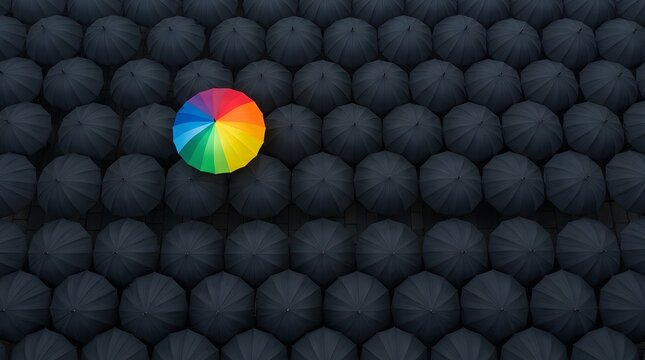 Colorful umbrella among black umbrellas symbolizing uniqueness and creativity