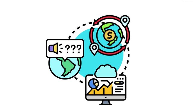 Global dashboard displaying diverse language communication, financial insights, worldwide data analysis, and cloud computing for comprehensive business management and international strategy