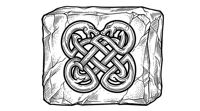 Ancient Norse Viking Dragon Knotwork Carved on Stone Block, Celtic Mythology Symbol Line Art Design